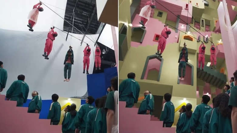 Byeong-gi and some guards hung up in Squid Game