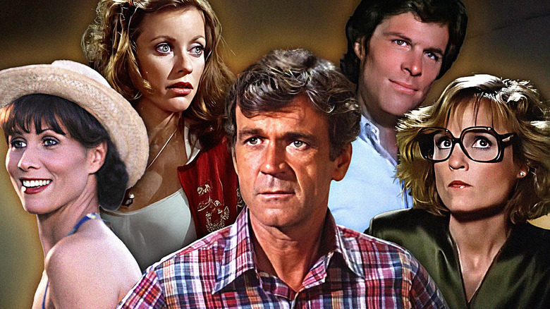 Images of Kenny Ward, Karen Fairgate, Sid Fairgate, Ginger Ward, and Laura Avery from the TV show Knots Landing edited together