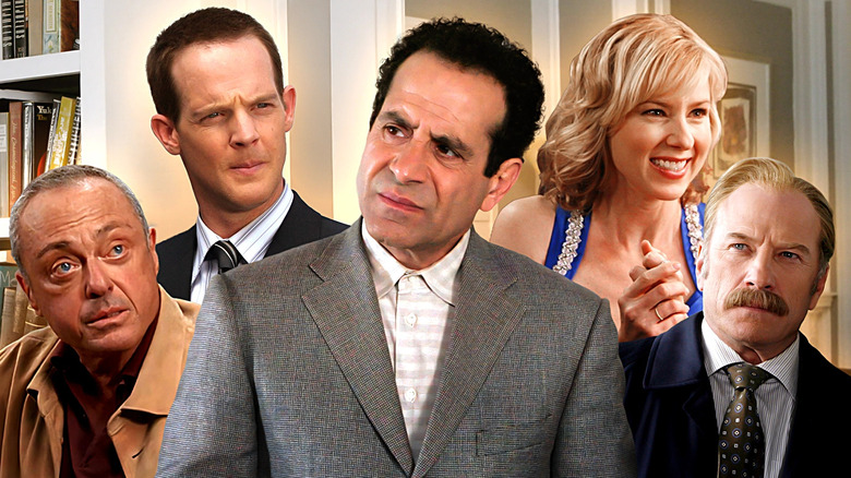 Tony Shalhoub surrounded by Jason Gray-Stanford, Ted Levine, Traylor Howard, and Stanley Kamel from Monk