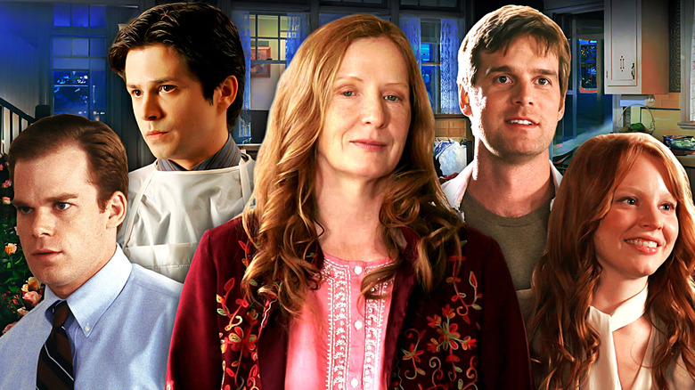 Images of David, Frederico, Ruth, Nate, and Clarie from Six Feet Under edited together against the backdrop of the Fisher family home