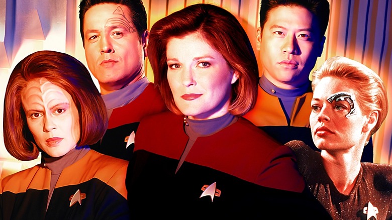 Roxann Dawson as B'elanna, Robert Beltran as Chakotay, Kate Mulgrew as Janeway, Garrett Wang as Harry, and Jeri Ryan as Seven on Star Trek Voyager