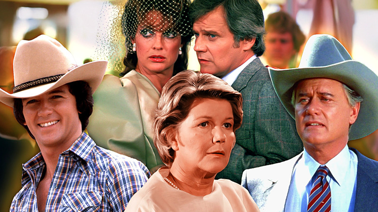 Images of Bobby, J.R. Ellie, and Sue Ellen Ewing and Cliff Barnes from Dallas edited together