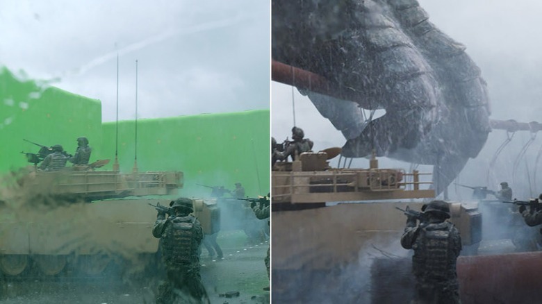 Split image of before and after of tank attack scene from Godzilla