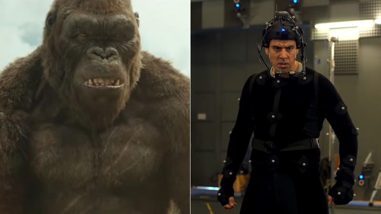 Side-by-side of Godzilla and Toby Kebbell doing motion capture performance