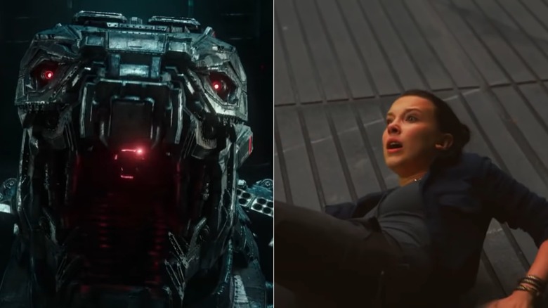 Mechagodzilla next to Millie Bobby Brown shooting on set in Godzilla vs. Kong