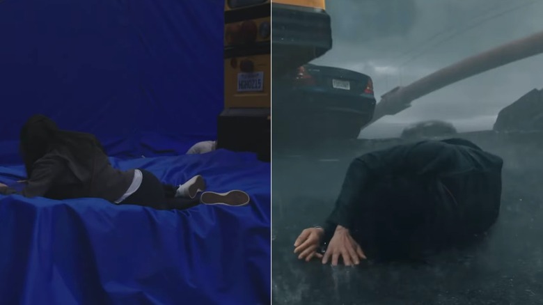 Side-by-side of Anna Sawai jumping out of school bus in Monarch: Legacy of Monsters