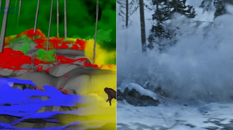 Avalanche simulation next to the actual avalanche in War for the Planet of the Apes