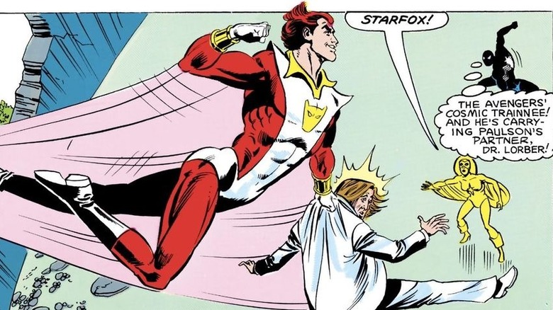comic strip panel of a superhero in red flying with a man by the back of his lab coat