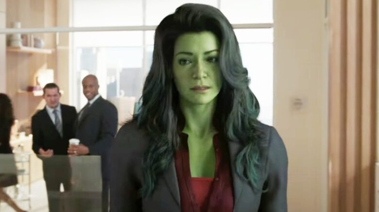 Marvel's She-Hulk Series photo of Tatiana Maslany as She-Hulk in law office