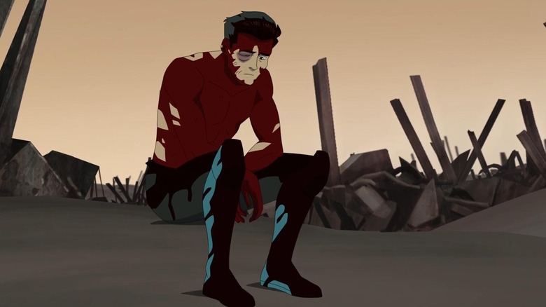 Invincible Mark Grayson alone, covered in blood after killing Angstrom Levy