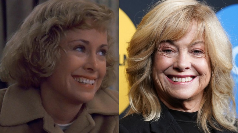 Split image of Karen smiling and Catherine Hicks in close-up