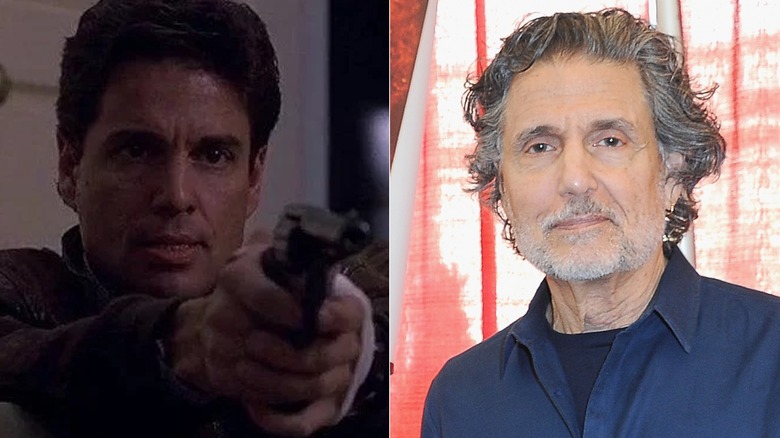 Split image of Mike Norris aiming gun and Chris Sarandon in close-up