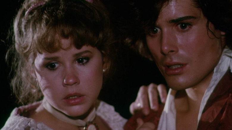 Linda Blair and co-star looking scared in Hell Night