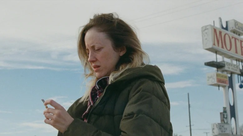 Andrea Riseborough looking at a cigarette in To Leslie