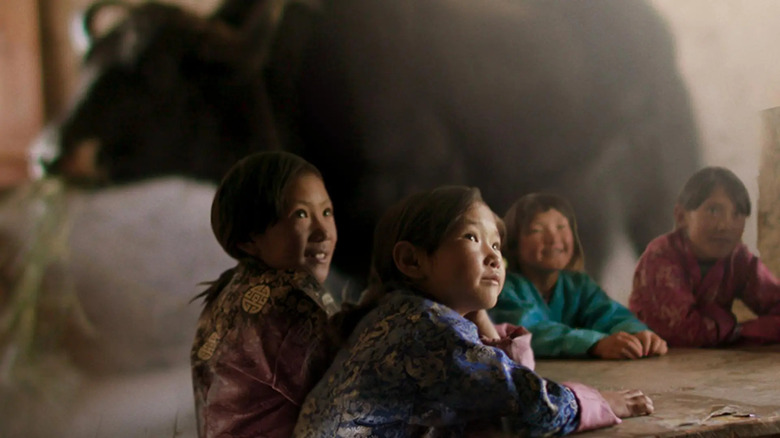 smiling children with an animal looking up with in the backrgoudn