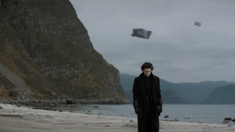 Timothée Chalamet's Paul Atreides walks along a coastline in Dune Part Two