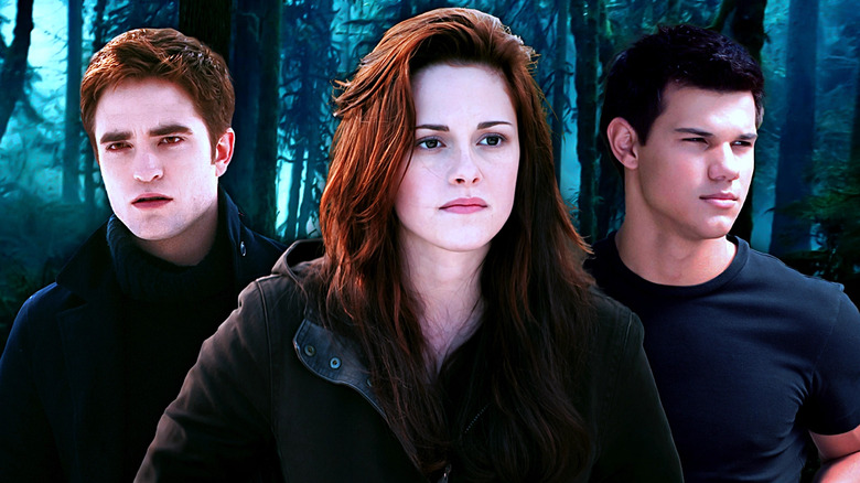 Edward Bella and Jacob in front of trees in The Twilight Saga