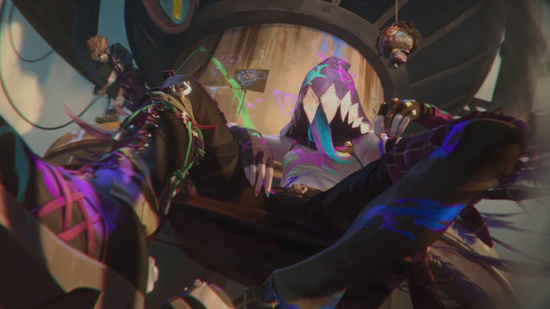 Jinx posing like a mob boss on a blimp in Arcane