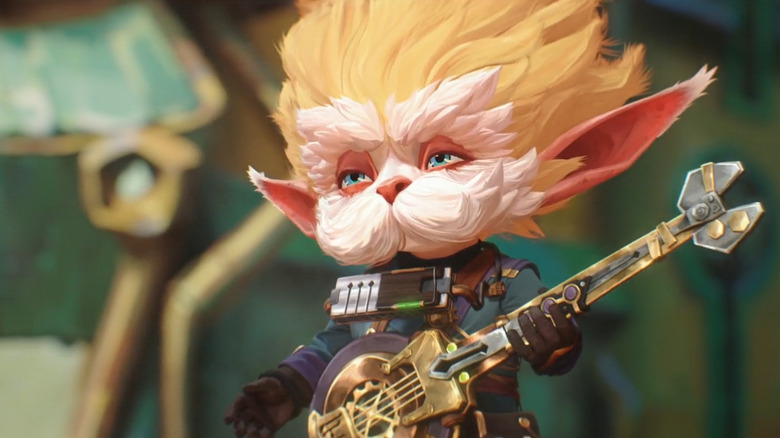 Heimerdinger holding a guitar and singing a song in Arcane