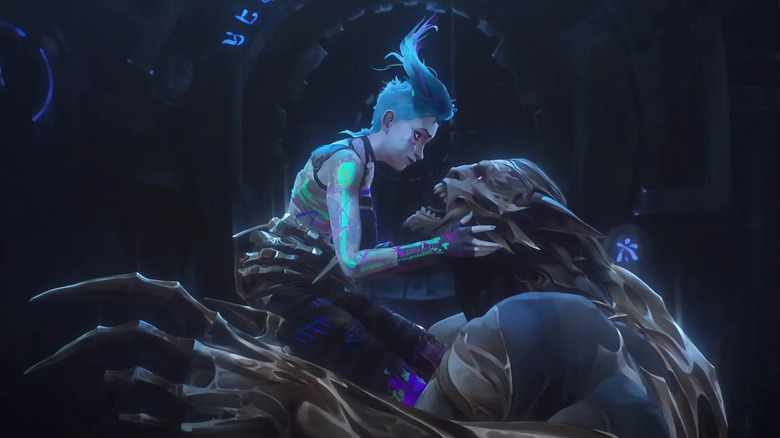 Jinx holding Warwick as they fall down a shaft in Arcane