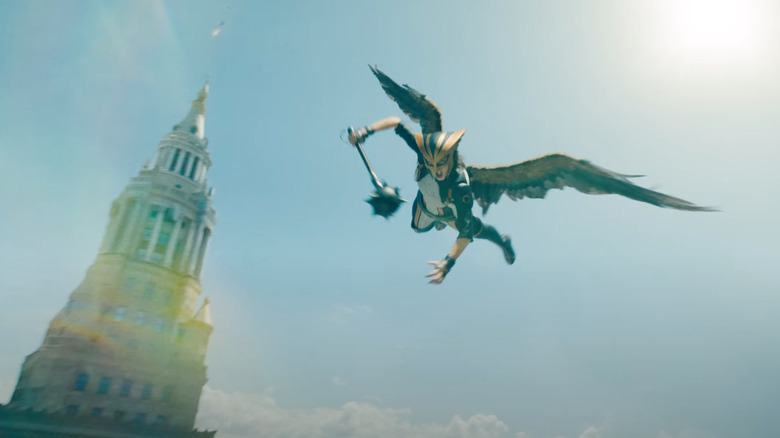 Isabela Merced's Hawkgirl flying and wielding a mace in Superman