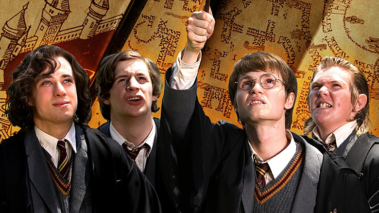 James raising his wand with the Marauders and their map in the background in Harry Potter and the Order of the Phoenix