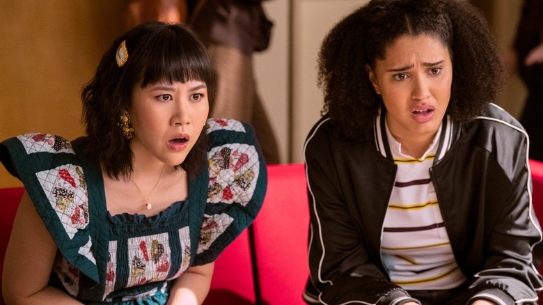 Ramona Young's Eleanor and Lee Rodriguez's Fabiola look shocked in Never Have I Ever