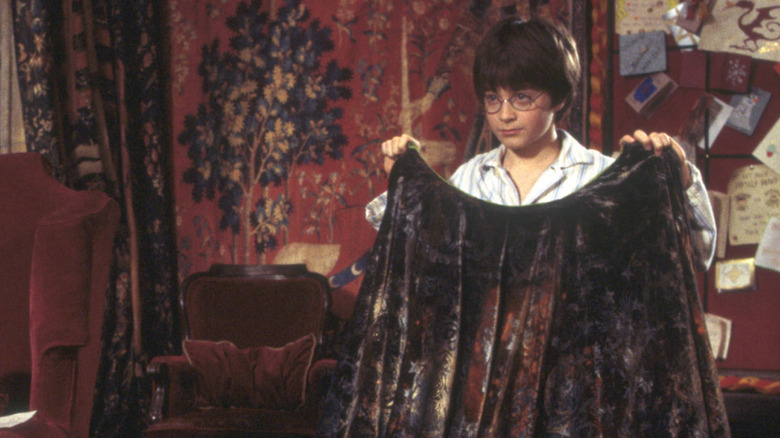 Harry holding up the cloak in Harry Potter and the Sorcerer's Stone