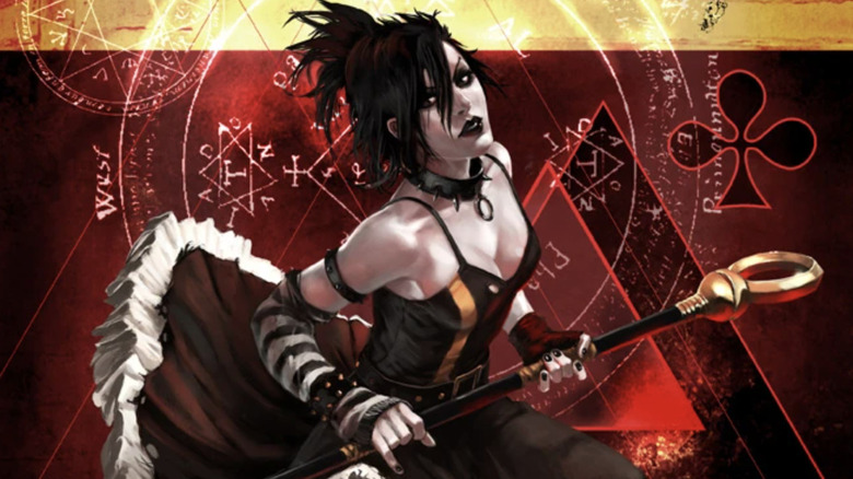 Nico Minoru as Sister Grimm wielding the Staff of One surrounded by occult symbols in Marvel's comics