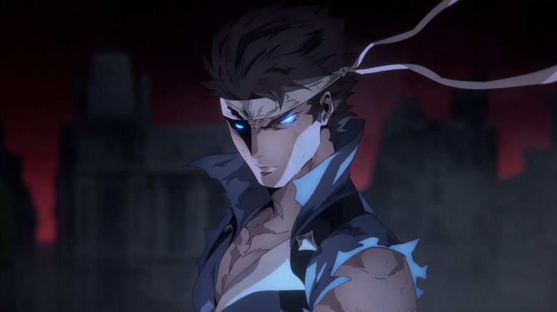 Richter Belmont dengan mata biru bersinar saat dia menyalurkan sihir yang kuat di Castlevania: Nocturne