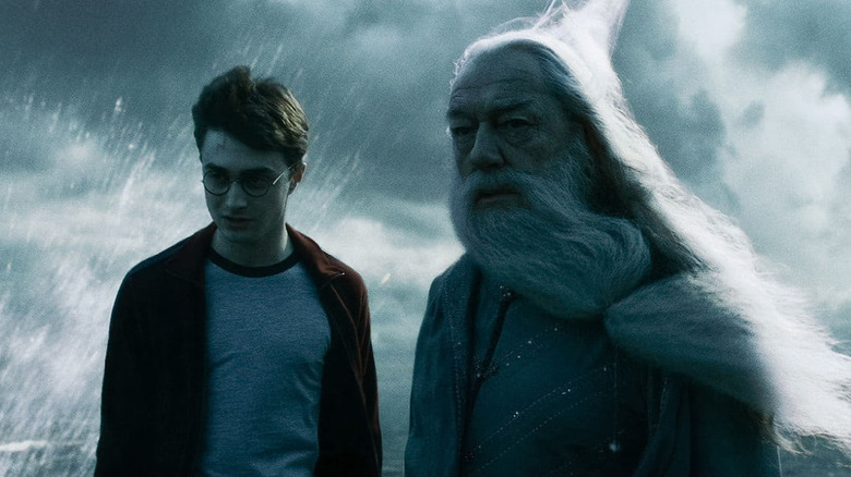 Harry and Dumbledore standing on a rock in the ocean in Harry Potter and the Half-Blood Prince