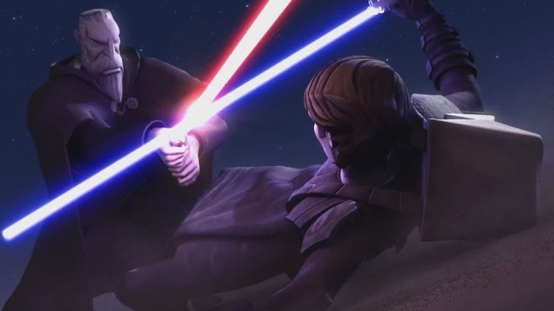 Dooku and Anakin Skywalker in a lightsaber duel in Star Wars: The Clone Wars