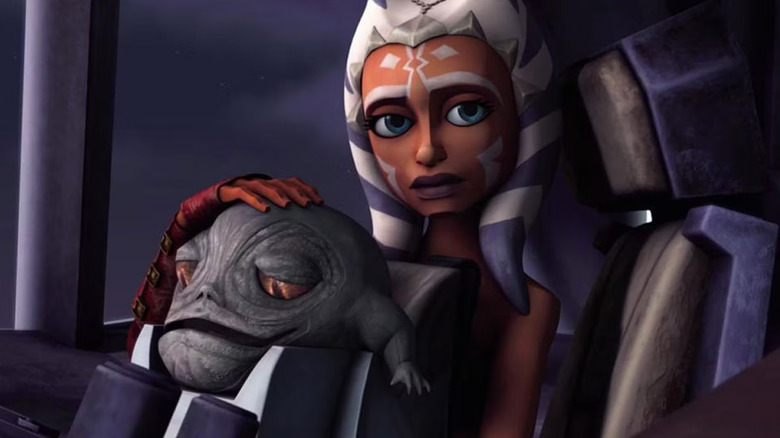 Ahsoka and Rotta riding in a spaceship in Star Wars: The Clone Wars