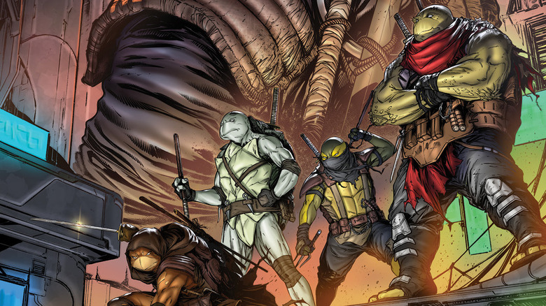 Mikey, Donnie, Raph, and Leo on the cover off The Last Ronin II - Re-Volution #1