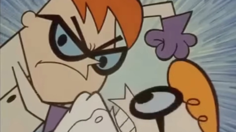 Rude Dexter grabs Nice Dexter by the collar with a raised fist in Dexter's Laboratory