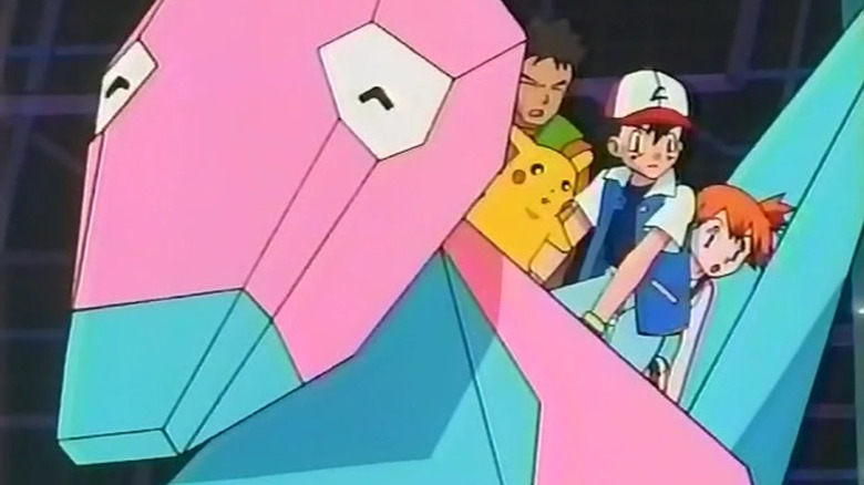 Porygon, Pikachu, Brock, Ash, and Misty in the Forbidden Pokémon episode