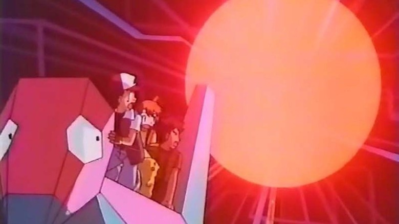 Ash, Pikachu, Misty, and Brock riding on Porygon in front of a bright red circle on Pokémon