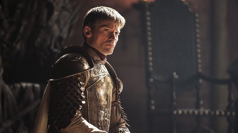 Jaime in his Kingsguard armor near the Iron Throne on Game of Thrones