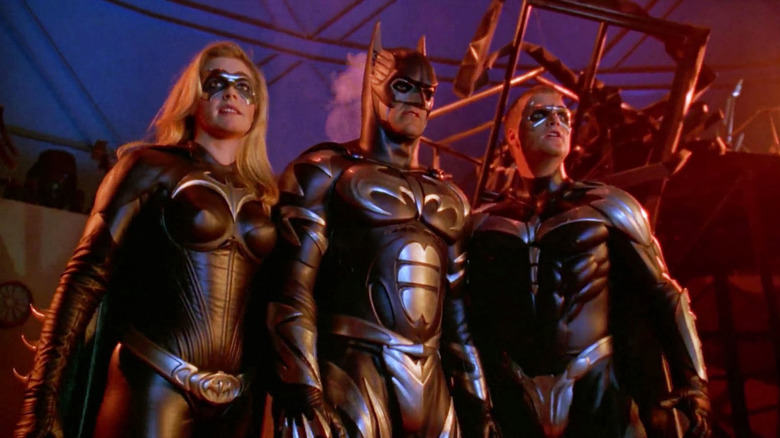 Alicia Silverstone, George Clooney, and Chris O'Donnell in Batman & Robin.