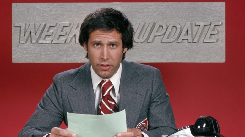 Chevy Chase delivers the Weekend Update on Saturday Night Live