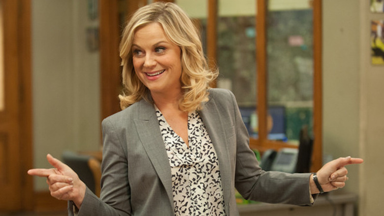 Amy Poehler is pointing fingers as Leslie Knope in Parks and Recreation