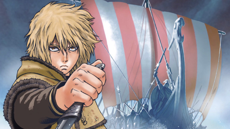 Vinland Saga volume 1 cover teenage Thorfinn holding knives with ship background