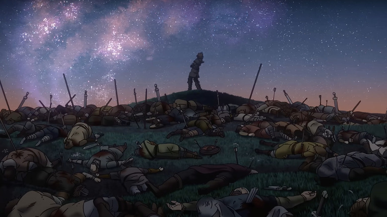 Vinland Saga op 1 final shot Thorfinn on hill surrounded by corpses