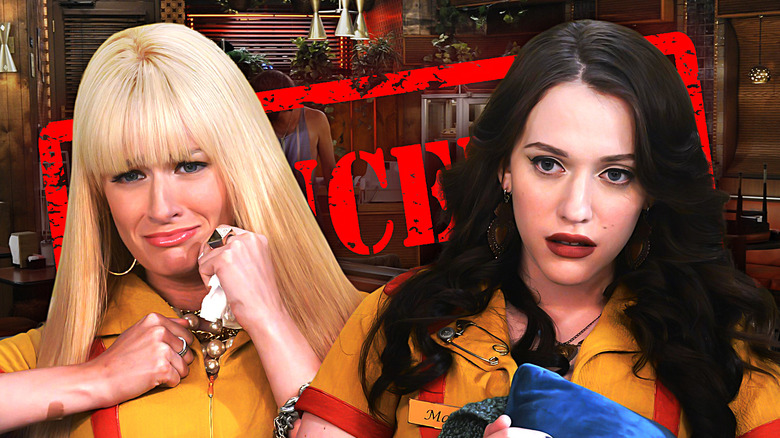 Kat Dennings and Beth Behrs from 2 Broke Girls looking sad