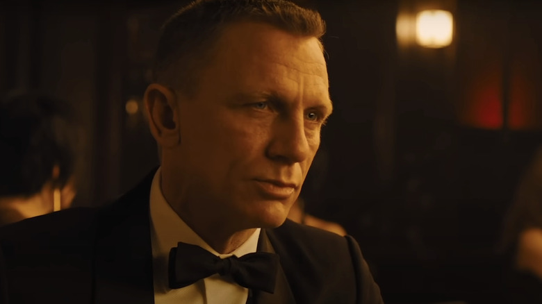 Daniel Craig's James Bond looks across frame while wearing a tuxedo in Skyfall