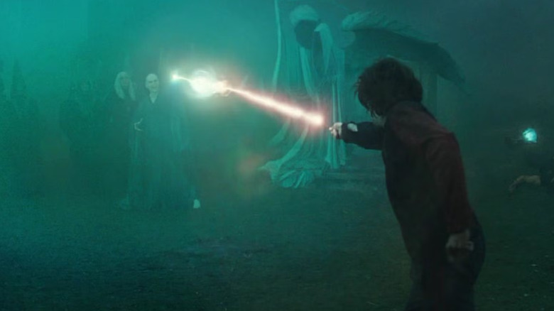 Harry and Voldemort dueling in the graveyard in Harry Potter and the Goblet of Fire