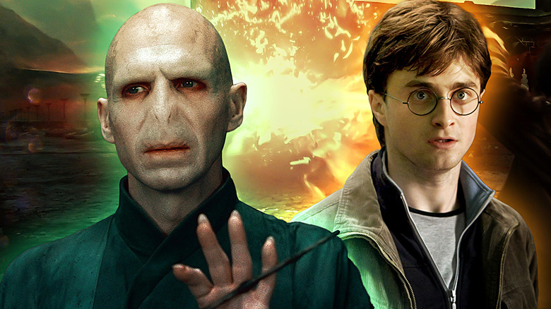 Ralph Fiennes as Voldemort and Daniel Radcliffe as Harry in the Harry Potter films