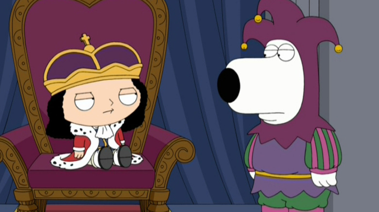 Family guy, the tsi, dressed in the king while Brian is dressed in his yard