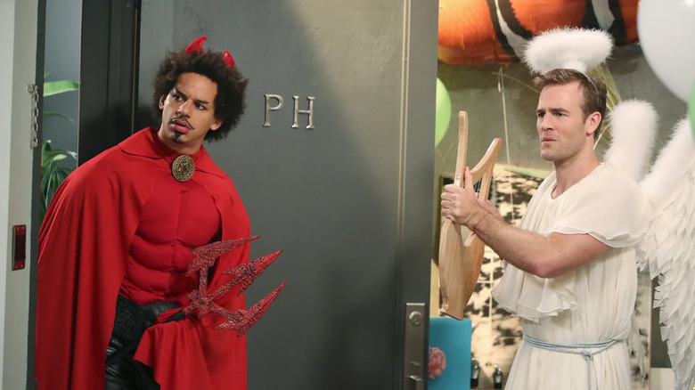 Mark dressed as a devil and James dressed as an angel in Don't Trust the B in Apartment 23