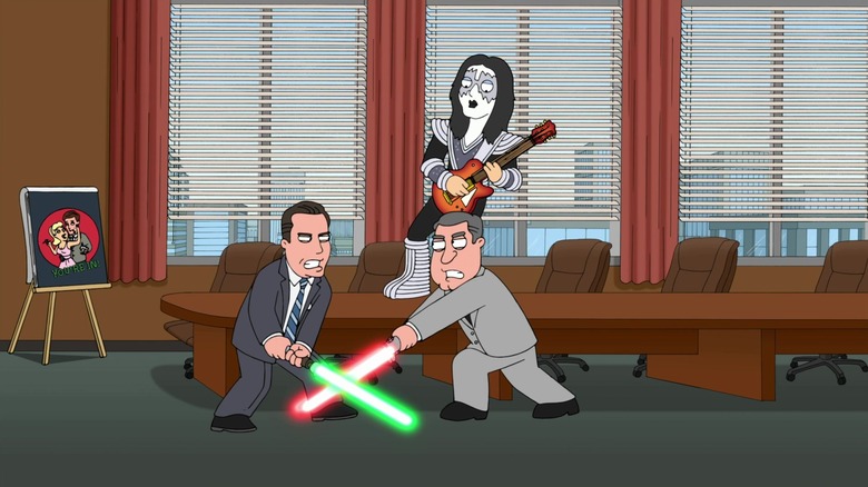 Two of the characters from Mad Men fight with lighsabers while Ace Frehley from KISS stands on a table playing guitar in Family Guy